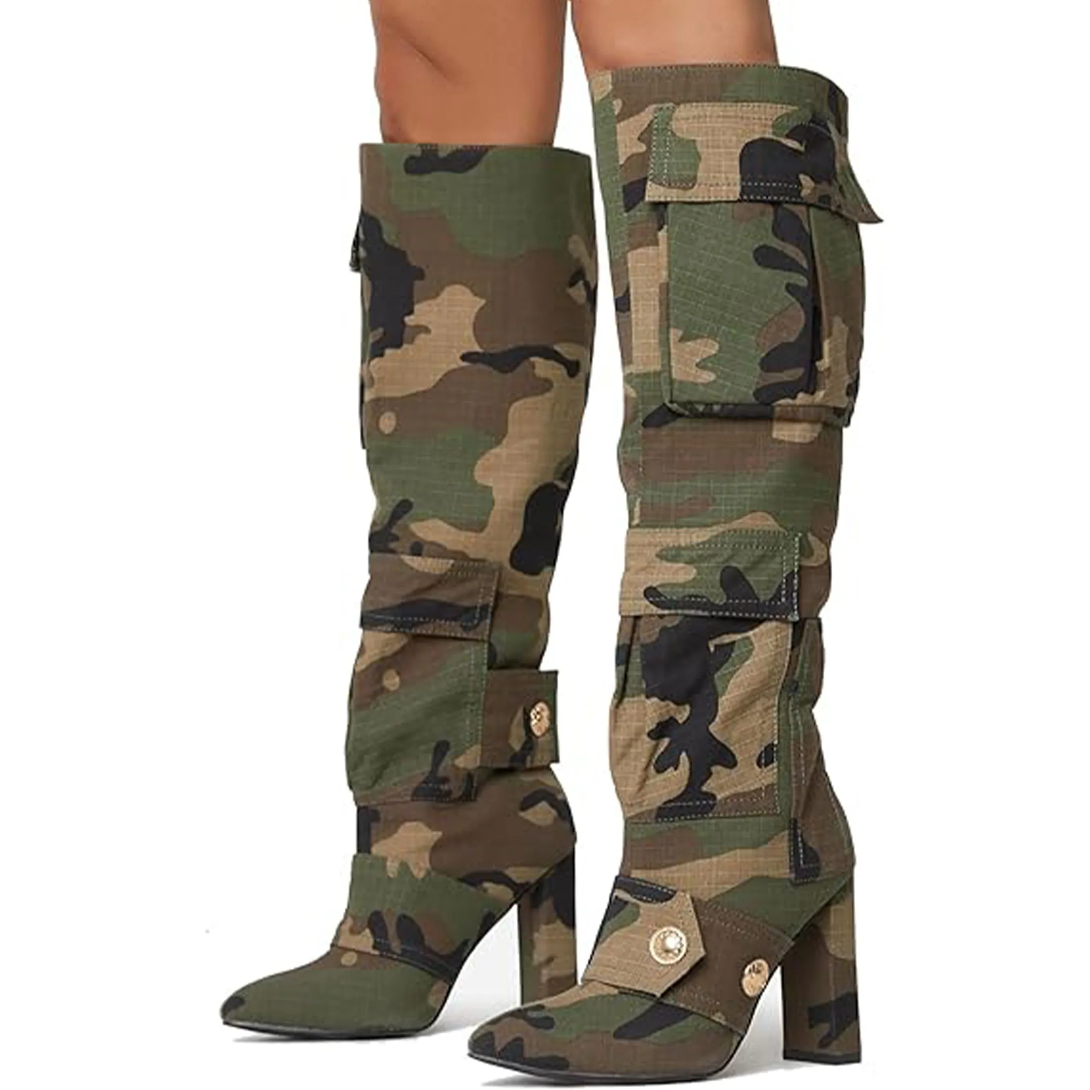 Camo Casual High Knee Chunky Heel Boots