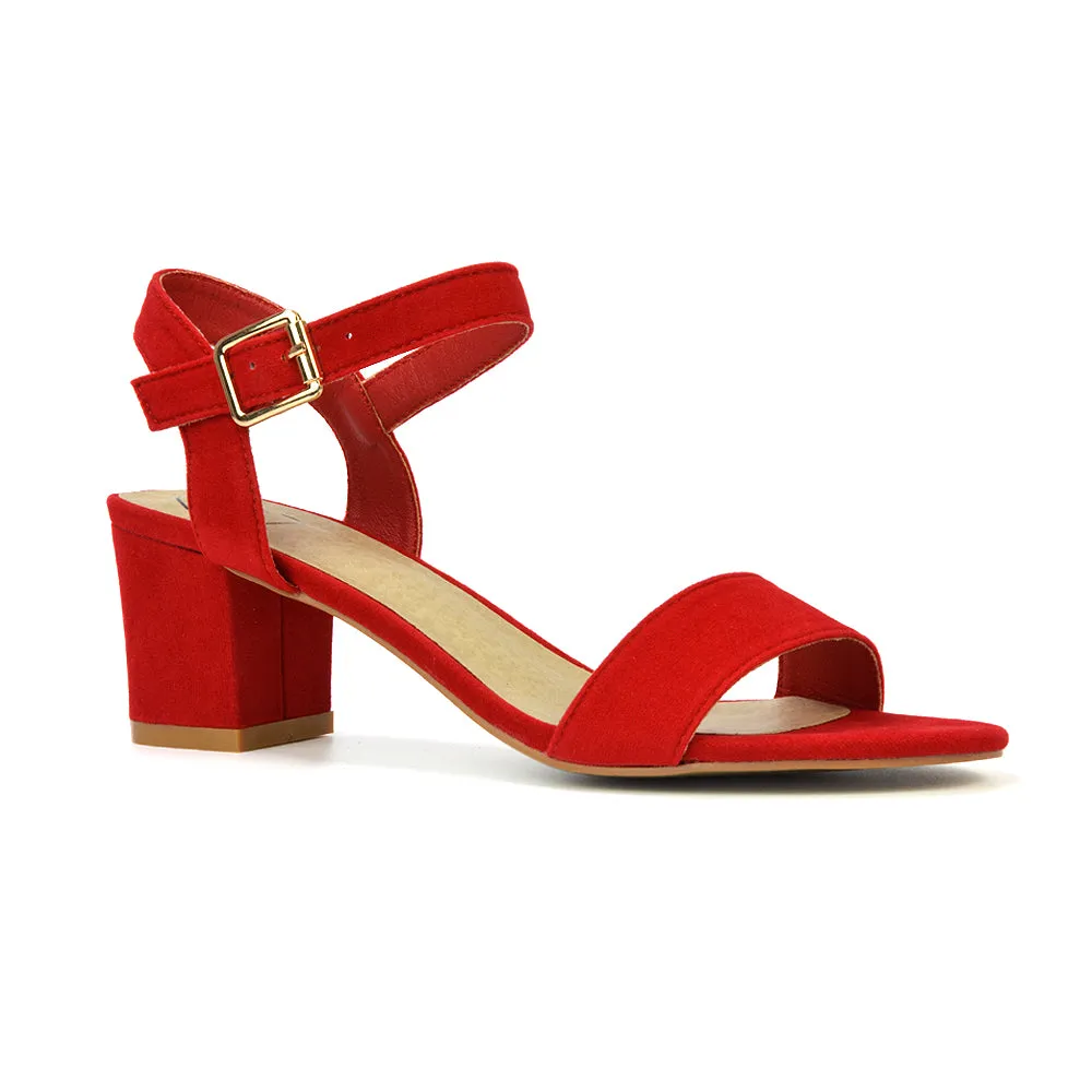 Mariana Strappy Buckle Up Mid Block Heel Sandals in Navy Faux Suede