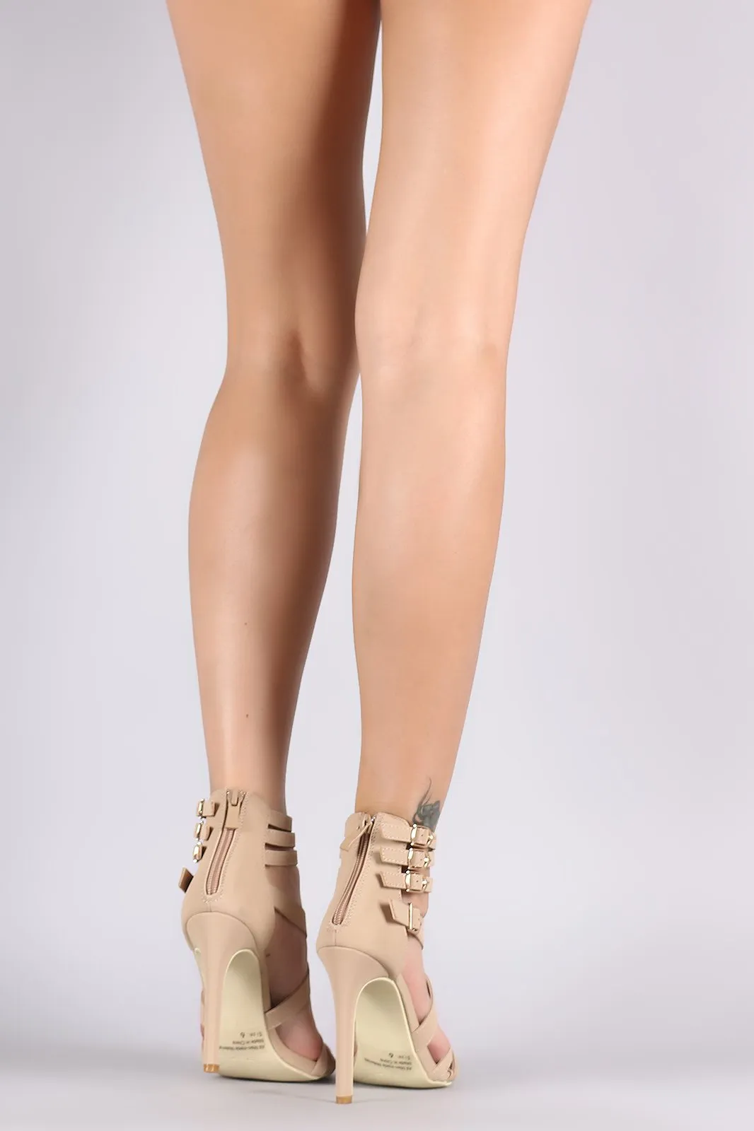 Nubuck Crisscross Strappy Buckled Open Toe Stiletto Heel